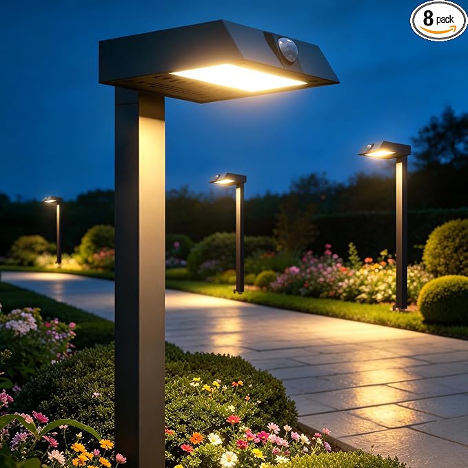 XMCOSY+ Solar Pathway Lights, 8 Pack Metal Motion Sensor Outdoor Lights | 300LM Bright Landscape Light, All-Night Lighting, Waterproof Solar Garden Light for Yard, Driveway & Walkway, Warm/Cool White