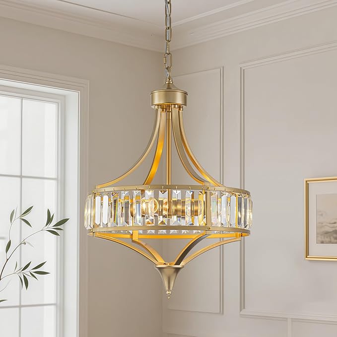 Crystal Vintage Chandeliers for Dining Room, 15.7" 4-Light Modern Gold Round Pendant Light Fixtures, Bathroom Chandelier for Entryway Foyer Living Room Bedroom Kitchen Island