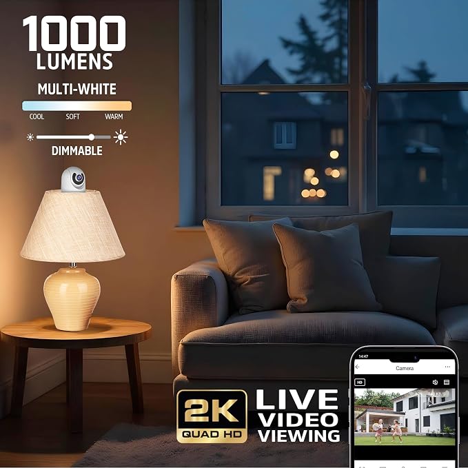 Energizer Smart 2K Light Bulb Security Camera, 1000 Lumens LED Light, 5G&2.4G Wi-Fi Outdoor Socket Camera, Pan Tilt Auto Tracking, (White, App Enabled Smart Detections)
