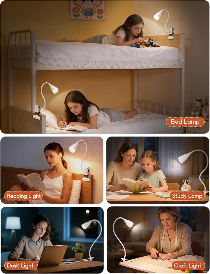 Reading Light for Book in Bed,Clip on Light Reading Lamp with Adapter White | 5 Color Modes 10 Brightness, Flexible Eye-Caring Clip on Desk Lamp Book Light for Reading in Bed Headboard Bedside Bedroom