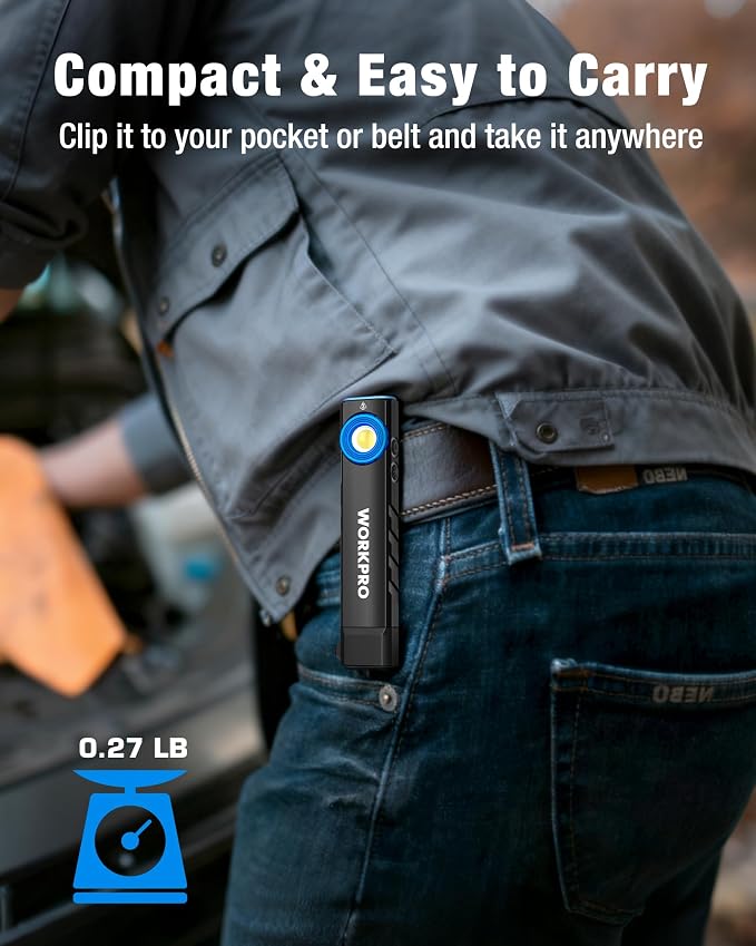 WORKPRO Rechargeable Pocket Flashlight, Magnetic EDC Light with UV, Black | Compact, 600 Lumens LED & UV Light, 2 Magnetic Bases, Pocket Clip, 7 Modes, Garage, Repair & Emergency Use
