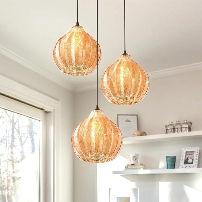Modern 3 Lights Glass Pendant Light Amber Striped Glass Globe Cluster Chandelier Lighting Fixtures Matte Black Adjustable Kitchen Island Hanging Pendant Lighting Nordic Multi Lights Pendant Lamp