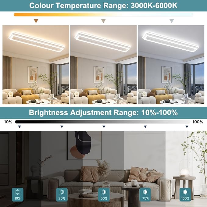 Dimmable Led Ceiling Light with Remote Control Modern Linear Flush Mount Ceiling Lighting Fixture Acrylic Long Ceiling Lamp for Living Room Kitchen Dining Room Hallway (White,39.3inch)
