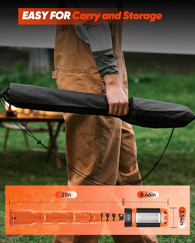 Saker Portable Camping Light with Stand 12000mAh 73.2" Work Light LD10 | 3200 Lumen,with Bag, Adjustable Height,Rechargeable,4 Lighting Modes, for Garage, Outdoor, Emergency Power Outages, Fishing