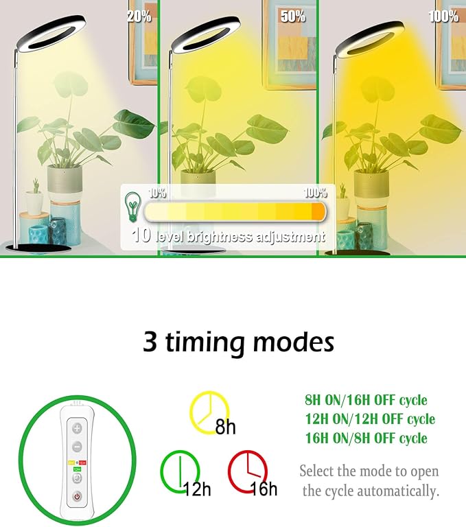 Yadoker 144 LEDs Full Spectrum Plant Grow Light for Indoor Plants，Height Adjustable, 6.3" Aluminum Housing,Automatic Timer with 8/12/16 Hours,10-Level Brightness,Ideal for Small and Medium Plant Grow