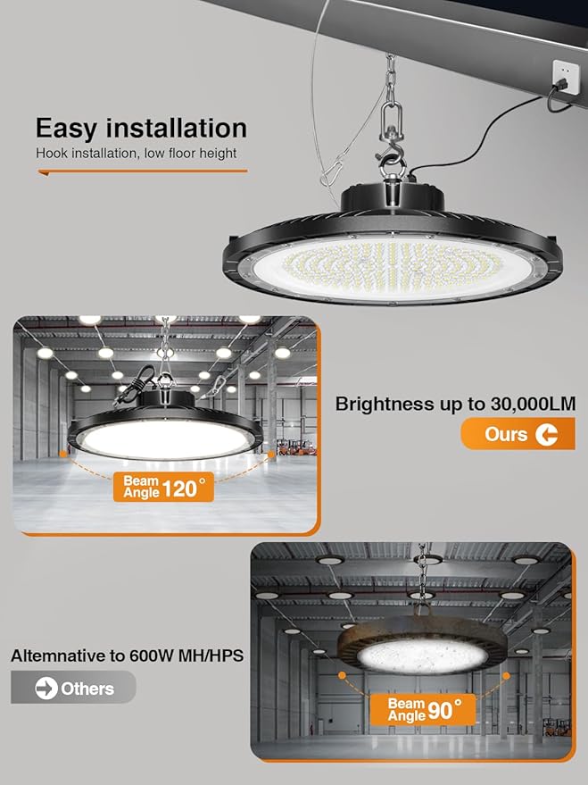 UFO High Bay Light 200W 5000K 30000LM 150LM/W (Eqv.800W Mh/Hps/Hid) Including Safe Rope and Plug 5ft Cable Shop Lights for Garage led Super Bright, Easy Install High Bay Lights 10Pack
