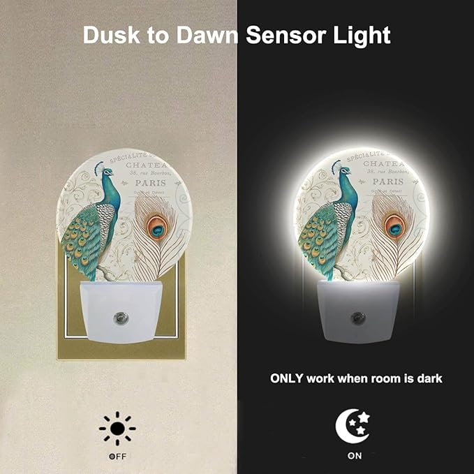 EKOBLA Peacock Floral Decorative Night Light Peacock Feather Retro Night Lights Plug into Wall Auto Sensor Led Lamp 0.5W Sleep Friendly for Girls Boys Men Women