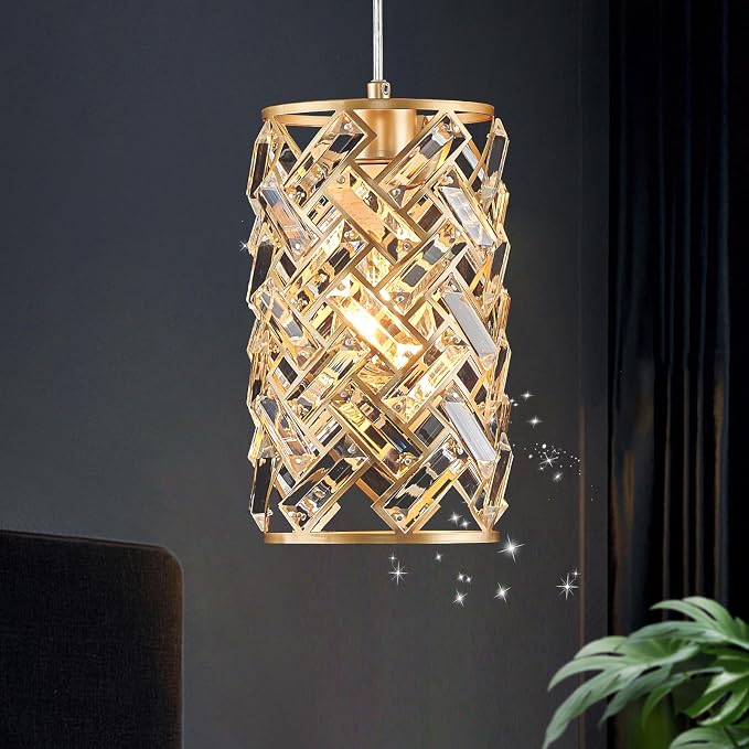 CATINER Gold Crystal Pendant Light, Mini Crystal Chandelier, Kitchen Island | Gold crystal pendant light with adjustable cord, E26 socket, dimmable, ideal for kitchen islands, bedrooms and bars
