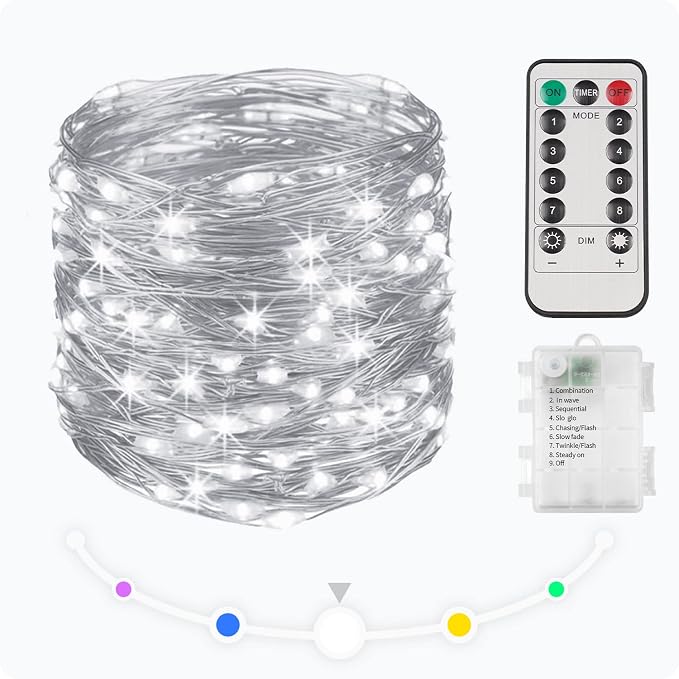 33ft 100 LED Outdoor String Lights, White Fairy Lights Battery Operated with Remote, Led Twinkle Lights for Bedroom, Backyard, Wedding, Tree, Mason Jar, Wall, Centerpiece, Christmas