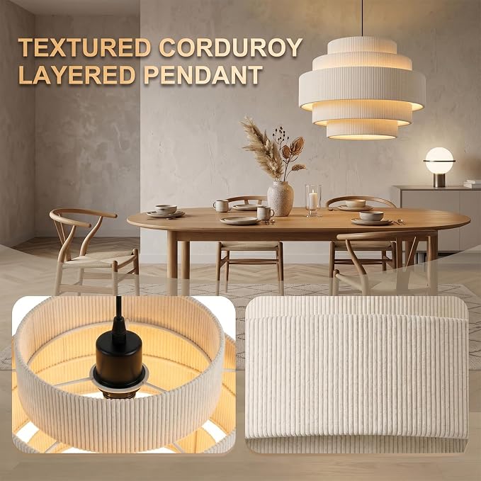 AUQUEE 5-Tier Corduroy Pendant Light for Kitchen Island, 13” Anti-Glare Boho Hanging Light Fixture, Adjustable Modern Ceiling Chandelier for Dining Room Bedroom Living Room Entryway Hallway, Beige