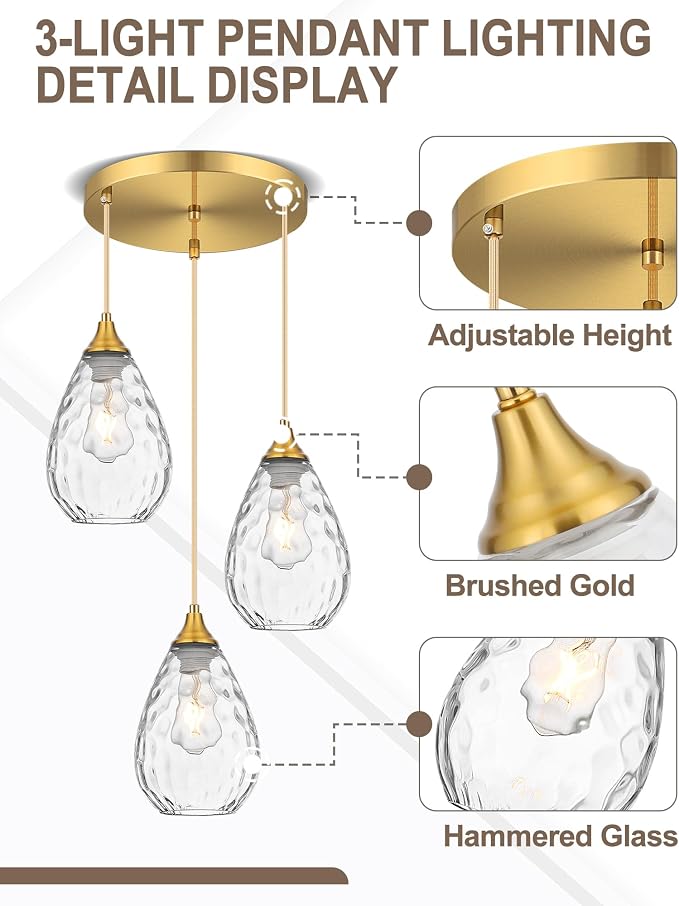 Brushed Gold 3-Light Pendant Lighting, Modern Dining Room Light Fixture Over Table with Hammered Glass, Cluster Hanging Lights for Kitchen Island Dining Room