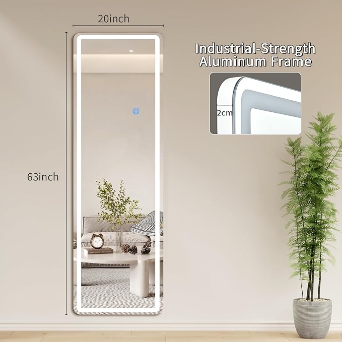 Koonmi LED Full Length Mirror, 63"x20" Full Length Mirror with Lights, Lighted Floor Mirrors with Stand, Full Body Mirrors with Dimming & 3 Color Lightingfor Living Room Cloakroom, White