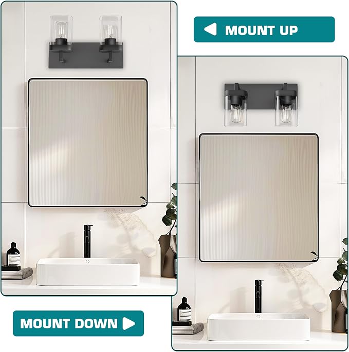 Bathroom Vanity Light, Square Design 2 Lights Morden Bathroom Lighting Fixtures Over Mirror, Black Light Fixtures for Living Room/Bedroom