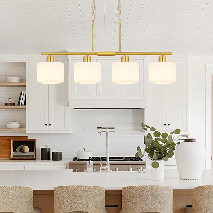 4-Light Brushed Gold Kitchen Island Lighting, Modern Linear Dining Room Chandelier Light Fixtures with Milk Glass and Chain, Mid Century Hanging Lights for Kitchen Island, OS-YQ8153-4ISBGW