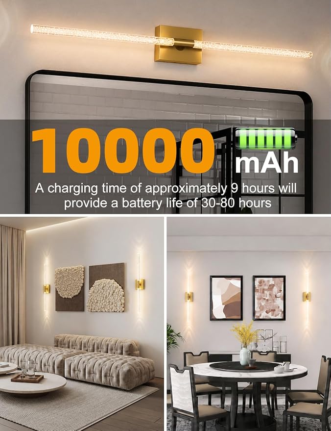 Rechargeable Wall Sconces Set of 2, Gold Crystal Bubble Wireless Wall Light | 10000mAh, Remote Control, 3000K-6000K Dimmable, 360° Adjustable, Ambient Lighting for Living Room, Bedroom, Picture, Bathroom