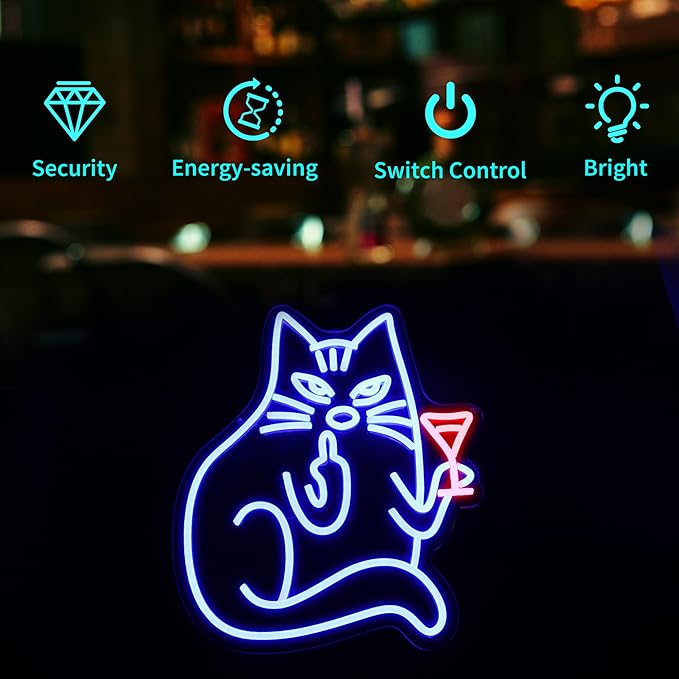 Neon Sign, HSJNJKFU Blue Cat Neon Signs for Wall Decor Cat Led Light Up Sign for Bedroom Wall Decor Funny Animal Sign Room Birthday Party Home Decor USB Powered