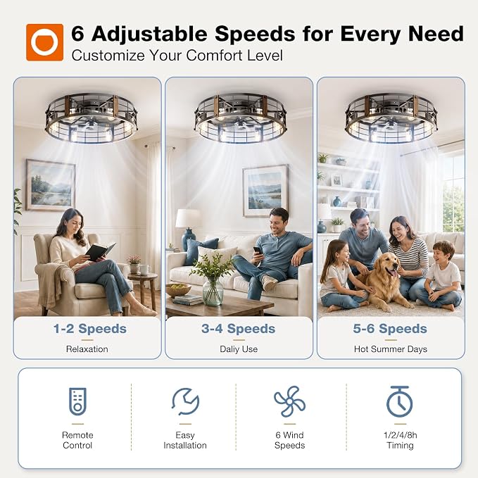addlon 24" Caged Ceiling Fans with Lights and Remote, Low Profile Fandelier | Wider Airflow, 1/2/4/8H Timer, 6 Speeds, Reversible DC Motor, 6 E26 Sockets, Farmhouse Style, Quiet Operation