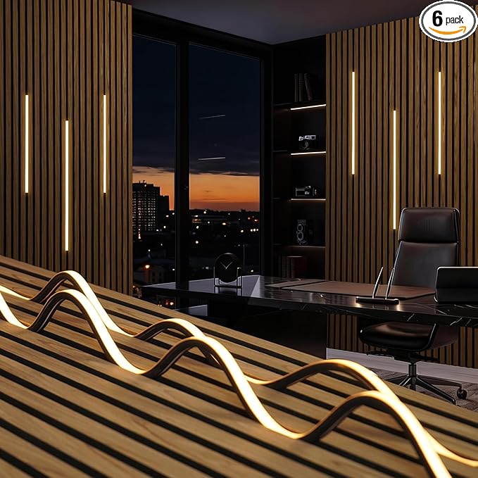 Recessed LED Silicone Strip Lights for Wood Slat Walls, 6-Pack, 3000K | Clip-In Installation with No Adhesive, Black Hidden Design, Touch Dimmer and Switch for Living Rooms and Bedrooms