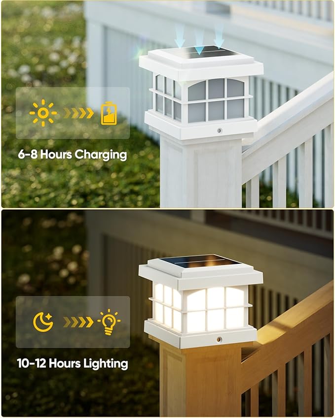 PARTPHONER RGBCW Solar Post Cap Lights 12-Pack, 9 Colors 3 Modes Fence Cap Lights, Bright Solar Outdoor Waterproof LED Deck Lighting for Fence Garden Deck Patio Porch Decor 4x4 Vinyl/Wood, White