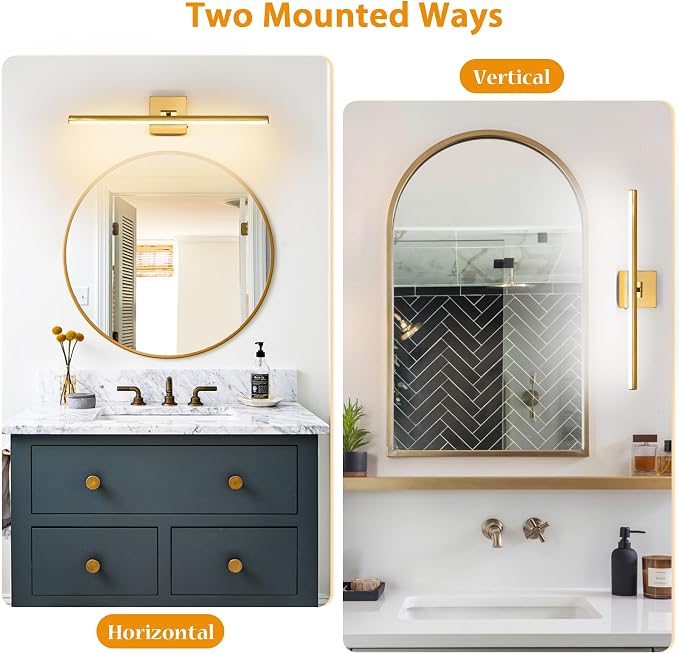 LED Bathroom Vanity Light, Modern Bathroom Light Fixture Over Mirror (3000K/4000K/6000K, Dimmable), Vanity Light Bar with Angle Adjustable, 24 Inch, Brass