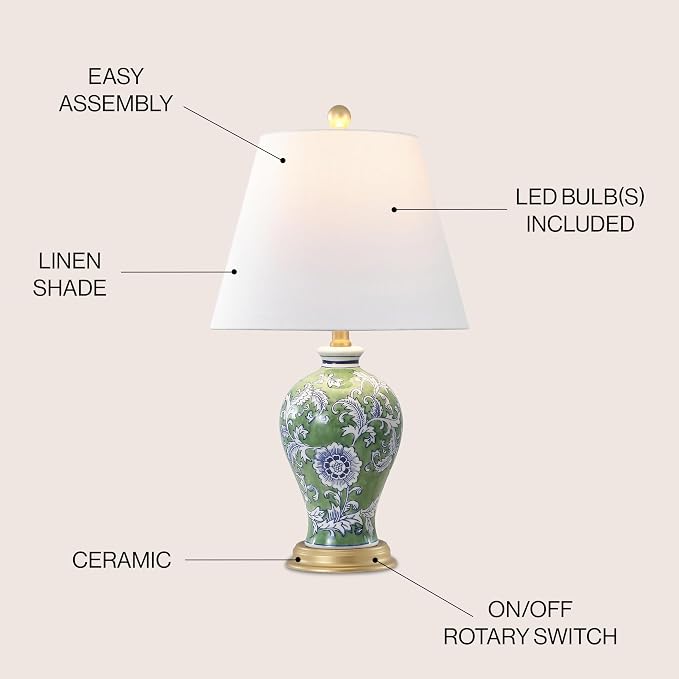 JONATHAN Y Grace 24" French Country Floral Urn Ceramic Lamp, Green/White | Chinoiserie Ginger Jar, French Country Cottage Style, Linen Shade, Gold Metal Base, LED Bulb Included