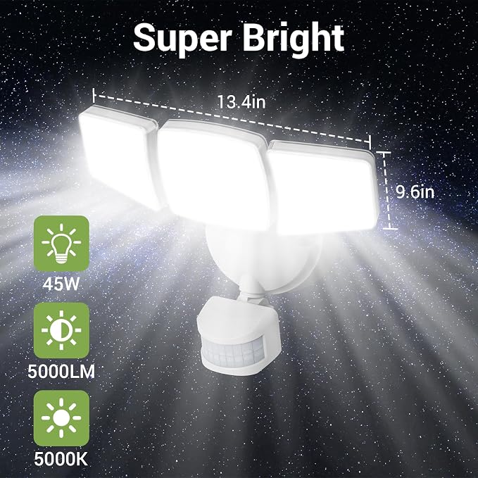 Outdoor LED Flood Lights D2D Security Lights Motion Sensor Remote 45W 5000K | NOVOSTELLA 1Pack Outside Motion Floodlights IP65 Waterproof Dusk to Dawn 3 Heads Wired Wall Adjustable for Garage Yard House