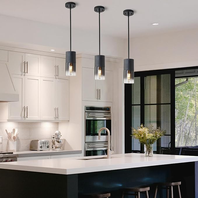 Pendant Light Fixtures, Adjustable Modern Pendant Lights for Kitchen Island, Industrial Glass Pendant Lights for Dining Table Hallway Bedroom Living Room Black 2 Packs