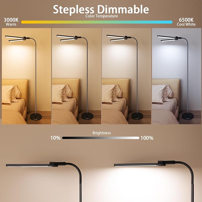 LED Floor Lamp, 24W Dual Head Dimmable Standing Lamp with Remote & Touch Control, Adjustable Gooseneck, 3000K-6500K Modern Reading Lamp for Living Room, Bedroom, Office & Crafts