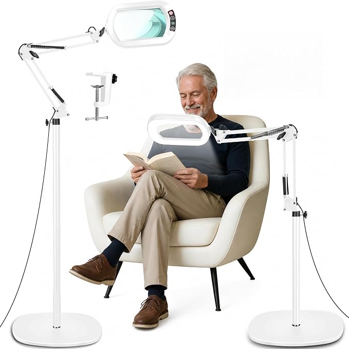 IVMAIE 12X Magnifying Glass with Light and Stand, Real Glass Lens, 5 Color Modes LED Dimmable Lighted, 3-in-1 Floor Lamp with Clamp, Hands Free Magnifier for Reading, Sewing Painting Close Work, White