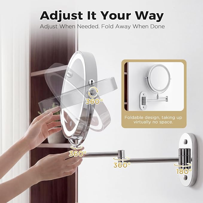 Wall Mounted Makeup Mirror, 8 Inch, 1X/30X, Rechargeable 4000mAh | Double-Sided LED Mirror with Extendable Arm and 360° Swivel for Makeup, Skincare, Shaving, and Bathroom Vanities