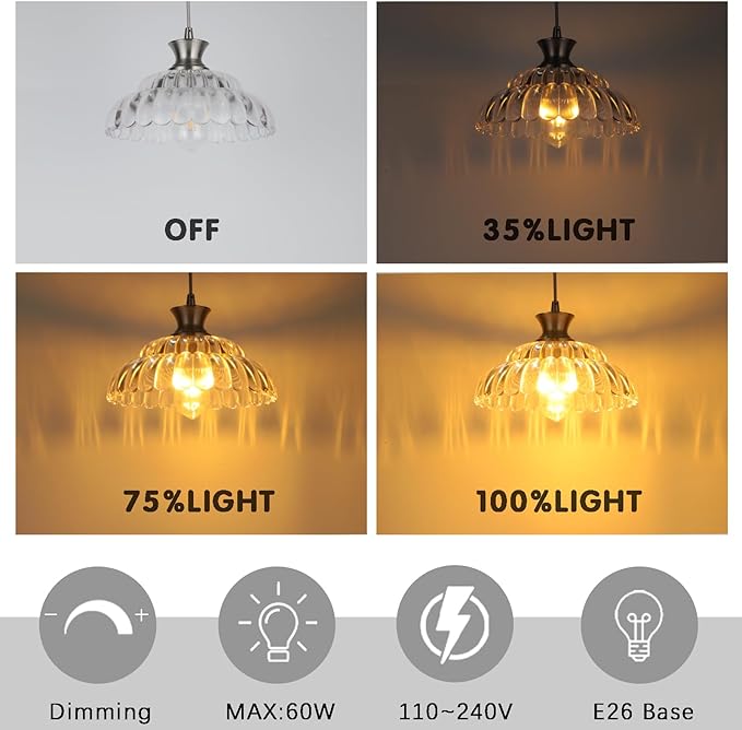 Modern Glass Pendant Lights Kitchen Island, 11.8" Glass Light Fixtures Brushed Chrome Flower Vintage Lighting Glass Ceiling Chandelier for Dining Living Room Restaurant Bedroom Foyer Entryway
