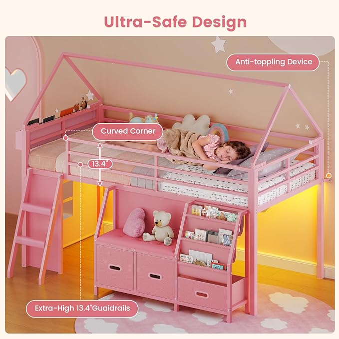 ADORNEVE Low Loft Bed Twin Size with Bookshelf, Reading Nook & 3 Drawers | Kids Loft Bed, LED, Storage Drawers, Beside Box, Under-Bed Play Space,Safety Guardrail, Inclined Ladde, Play Curtain, Pink