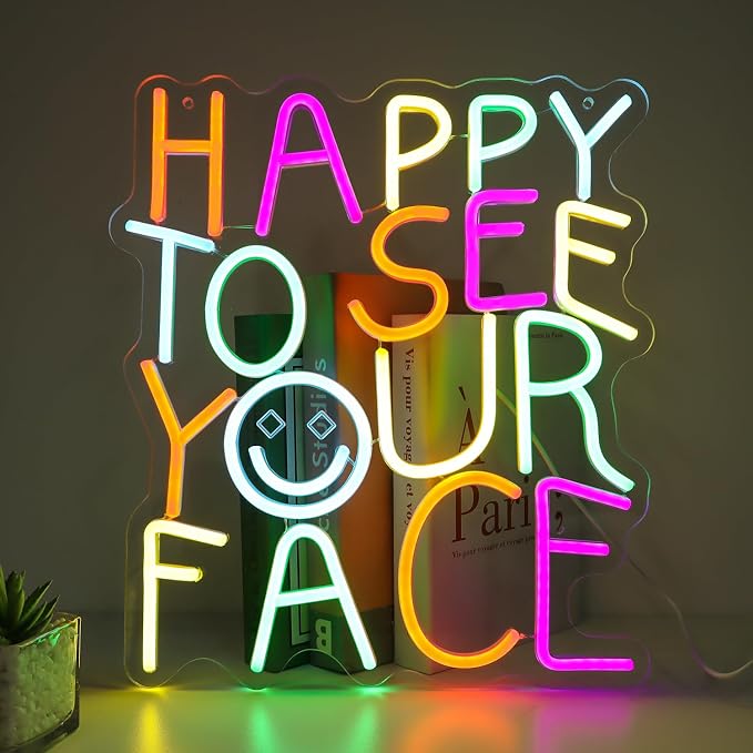 Happy to See Your Face Neon Sign for Kindergarten – Dimmable Multicolor Welcome Light with Wired Controller, 14.2×12.6 in, Includes 4 Wall Anchors – Teacher Appreciation Gift