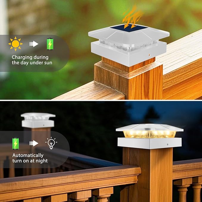 12 Packs 4x4 White Solar Post Cap Lights Outdoor with 3 Modes | Fence Post Light Solar Powered Fit 4×4/3.5×3.5 Wood/Vinyl Posts, Waterproof Post Topper for Deck Yard Garden Porch Outside