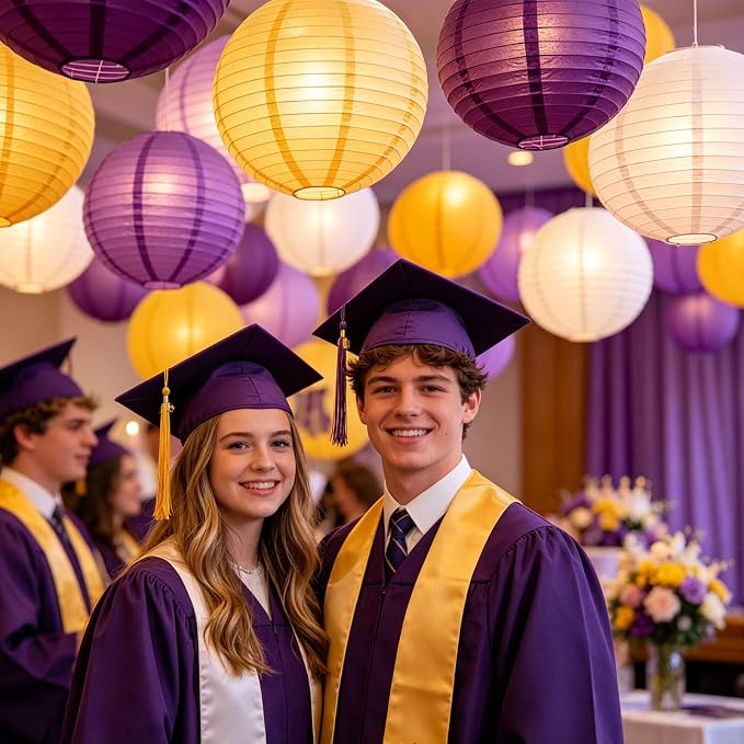 Purple Yellow Round Paper Lanterns Set of 12, 6/8/10 Inch Multi Colored Hanging Paper Lamp Decor for Basketball Party, Princess Gathering, Graduation, Birthday & Baby Shower Home Ornament