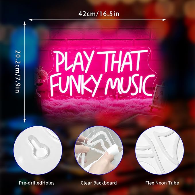 Neon Sign, Music Neon Signs for Wall Decor LED Signs Neon Light | Play That Funky Music Neon Sign for Music Studio, Classroom, Bedroom, Club, Party, Bar, Pink Decor, Gift, USB Powered