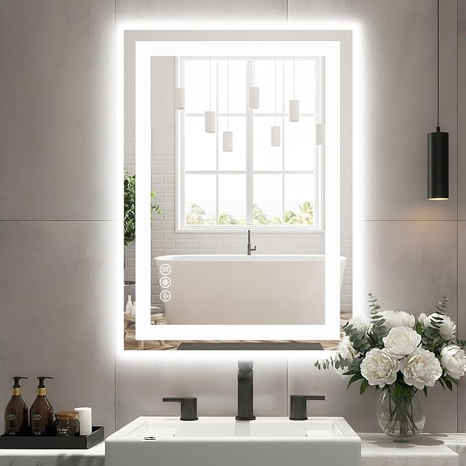 DUMOS 24"x32" Smart Anti-Fog LED Bathroom Mirror with Front Light & Backlit, 3 Color Temperatures, Dimmable, Memory Function, Rectangle Modern Vanity Mirror