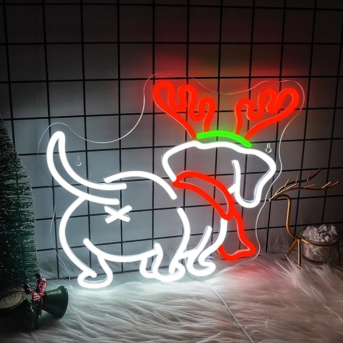 NOSUN Christmas Neon Sign Christmas Dog Elk Horn Neon Sign Dimmable LED Lights for Wall Decor Puppy Dachshund Puppy with Santa Hat Neon Lights Home Kids Bedroom Pet Shop