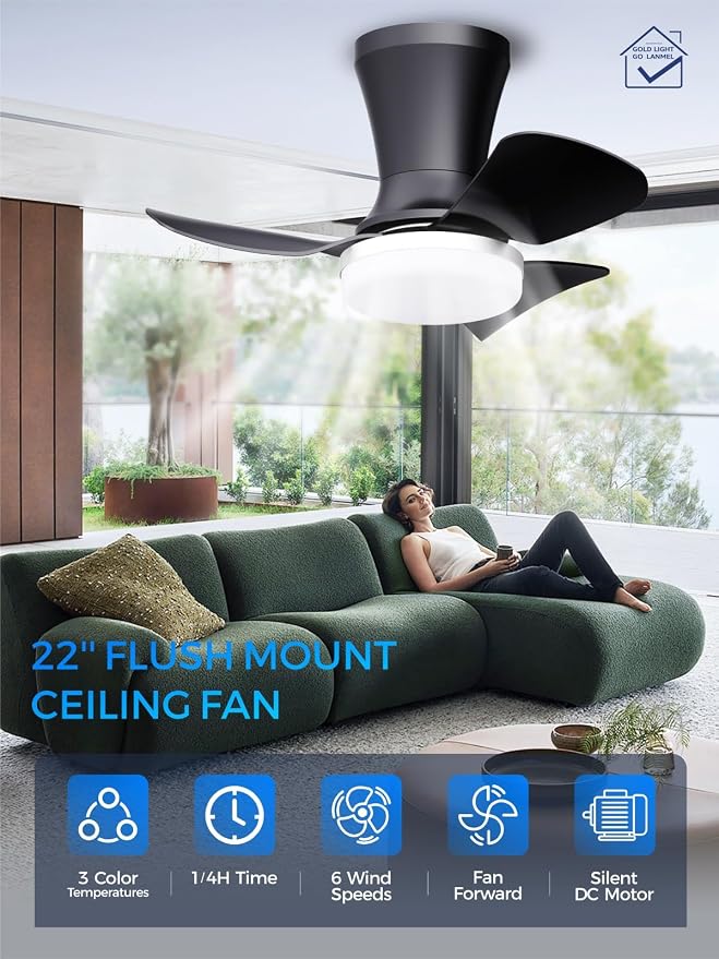 LANMEL Metal Ceiling Fan with Lights and Remote, 22 Inch, Silver & Black | Modern Low Profile Flush Mount, Reversible, 3CCT Dimmable, Quiet, LED, For Bedroom, Living Room, Indoor/Outdoor Patio Use