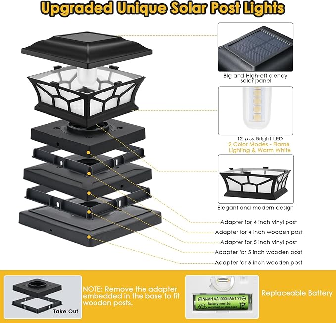 8 Pack Solar Post Cap Lights Outdoor Flickering Flame & Warm White, Fits 4x4 5x5 6x6 Wooden or Vinyl Posts, Waterproof Solar Fence Deck Lights for Yard Garden Patio Decoration.