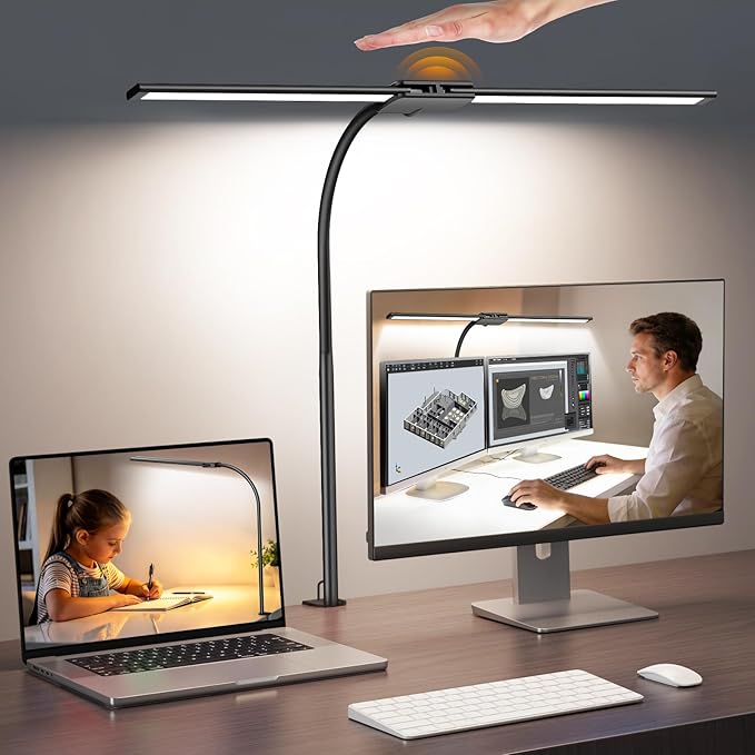 Syrinx LED Desk Lamp for Office Home – Eye Caring Dual Head Desk Light with Flexible Goose-Neck, Clamp, Gesture/Wired Control, 50 Lighting Modes with Memory/Timer, Table Lamp for Study, Drafting