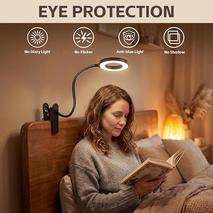 USB Clip on Light for Bed Headboard, Flexible Reading Lamp with Aluminum Cooling Head, 30 Lighting Modes Clamp Desk Lamp for Dorm, Home, Office, Crafting & Nursing, 48 LEDs
