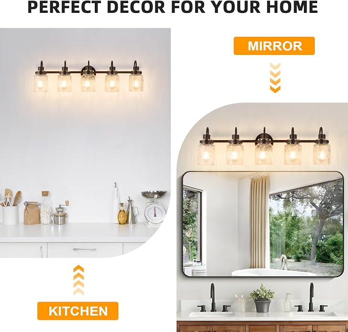 5 Lights Hammered Glass Bathroom Vanity Light, Oil Rubbed Bronze | Easy Installation,Up or Down,Farmhouse Modern Style,E26 Socket,ETL Certification