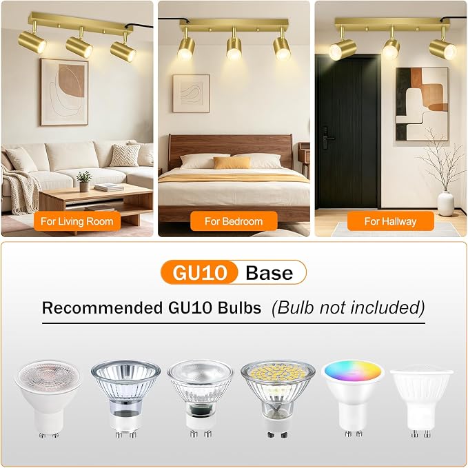 Plug-in Track Light Fixtures Ceiling Kit, 3 Head Track Lighting with 15ft Power Cord, GU10 Base 35W Max, Adjustable Spotlight for Kitchen, Bedroom, Office, Hallway, Gold Finish
