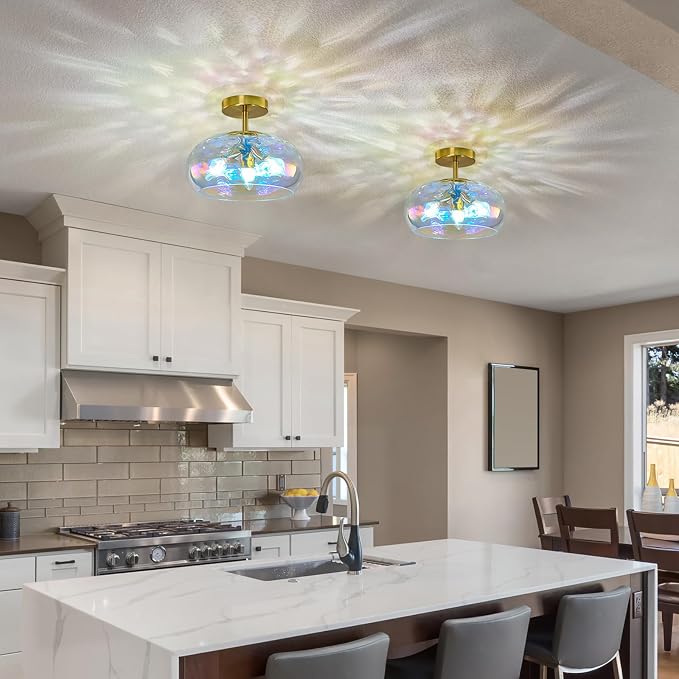 Vintage Semi Flush Mount Ceiling Light ,12″ Art Deco Rainbow Hammered Glass | Gold,Mid Century,Whimsical,MCM,Unique Cute Retro Light Fixtures for Girls Bedroom,Entryway Laundry Room Kitchen Closet Foyer