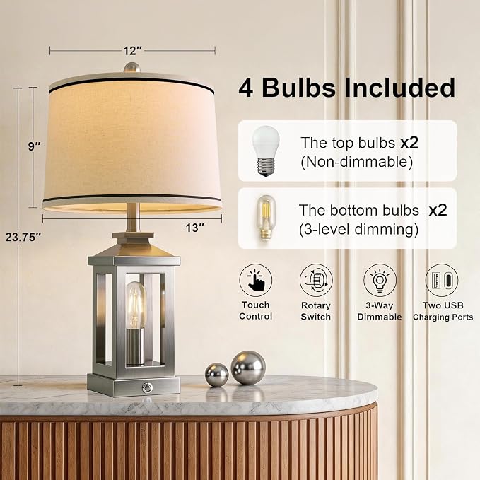 24" Table Lamps for Living Room Bedroom Modern Metal Bedside Lamps Set of 2 Nightstand Lamp for Night Stands 3 Way Dimmable Touch Lamp with USB C+A Ports and 2 Light Sources, 4 Bulbs Includes