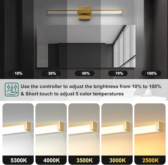 24 Inch Bathroom Vanity Light Fixtures, Gold Modern Light Fixtures Over Mirror, 12W 5CCT Dimmable Wall Light