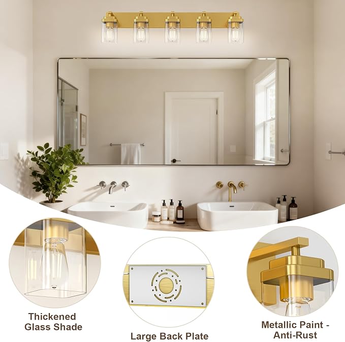 Brushed Gold Bathroom Light Fixtures, 5 Lights Bathroom Lighting Fixtures Over Mirror, Square Design & Rectangle Large Backplate, Modern Vanity Lighting Fixtures, for Living Room/Bedroom