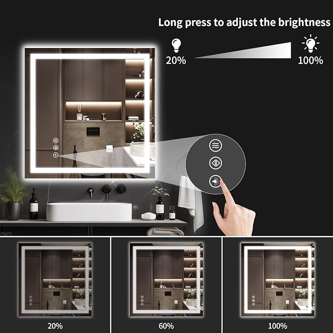 30"x30" LED Bathroom Mirror with Lights, Dimmable，Anti-Fog，Bathroom Vanity Mirror for Wall, Backlit + Front Lit, Memory Function, Shatter-Proof，Tempered Glass