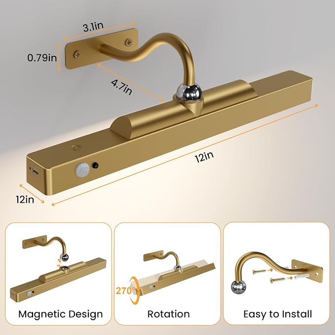 Rechargeable Motion Sensor Picture Light for Wall, 12 Inch, Brass, 1 Pack | Cordless, Magnetic Detachable Bar, Remote Control, 3CCT Dimmable, 4400mAh, for Artworks Paintings